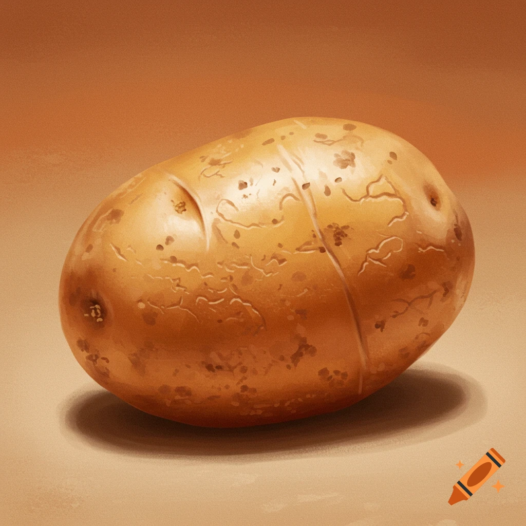 A digital painting of a single potato on a brown background.