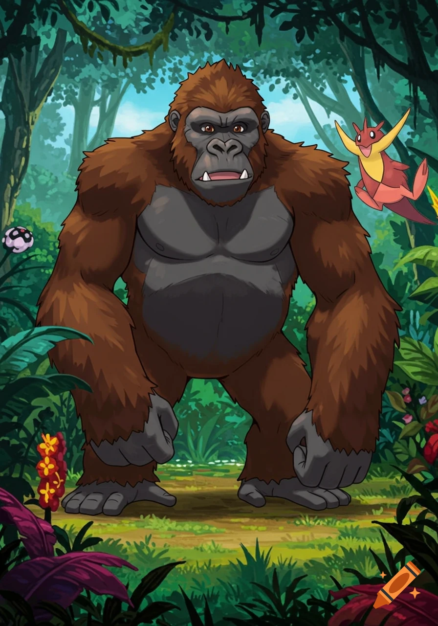 Cartoon King Kong in a jungle with Pokemon-like creatures
