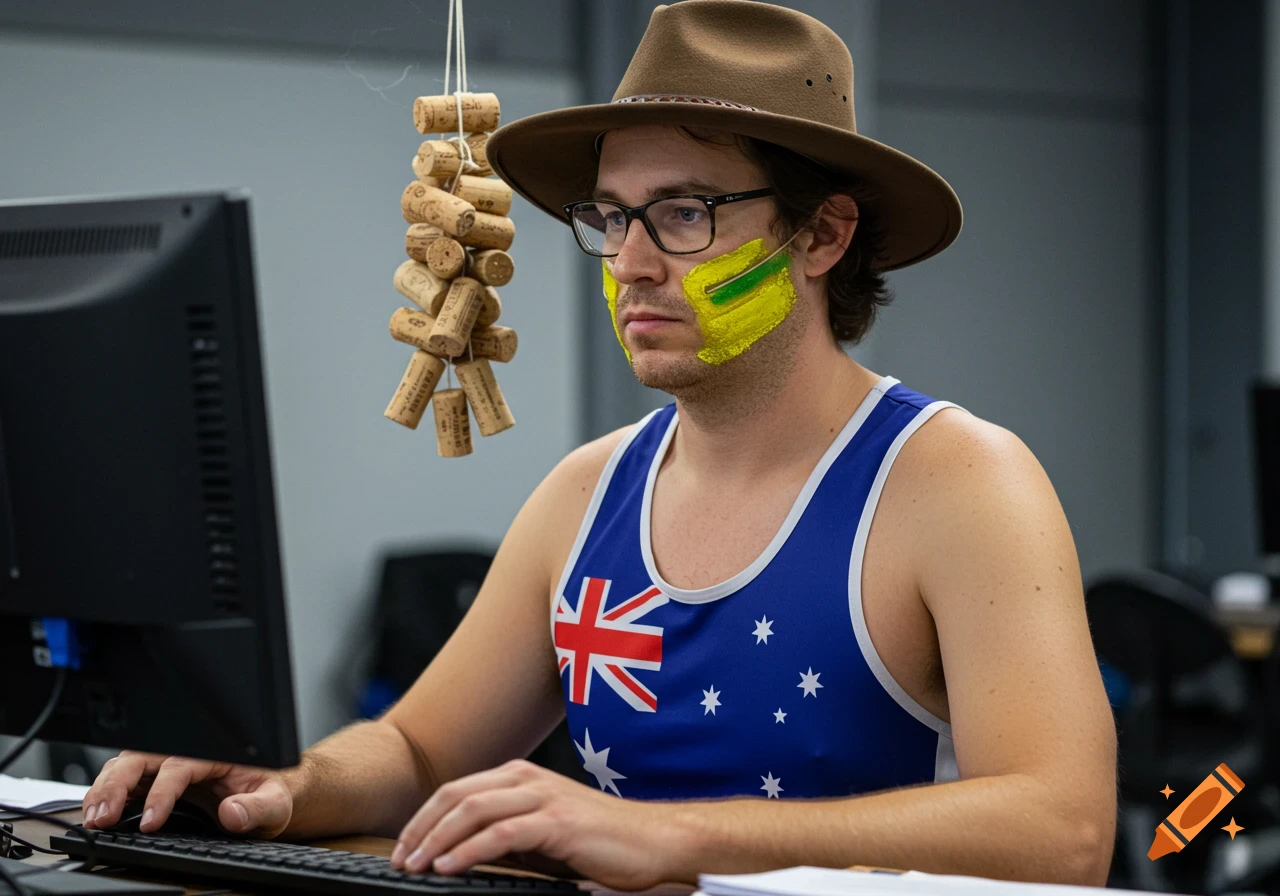 A man wearing an Australian flag singlet and cork hat works on a computer.