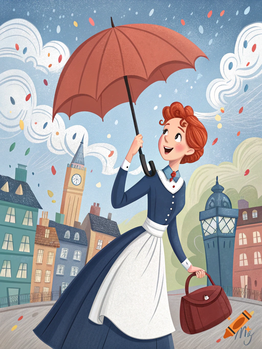 Cartoon illustration of a woman with red hair resembling Mary Poppins ...