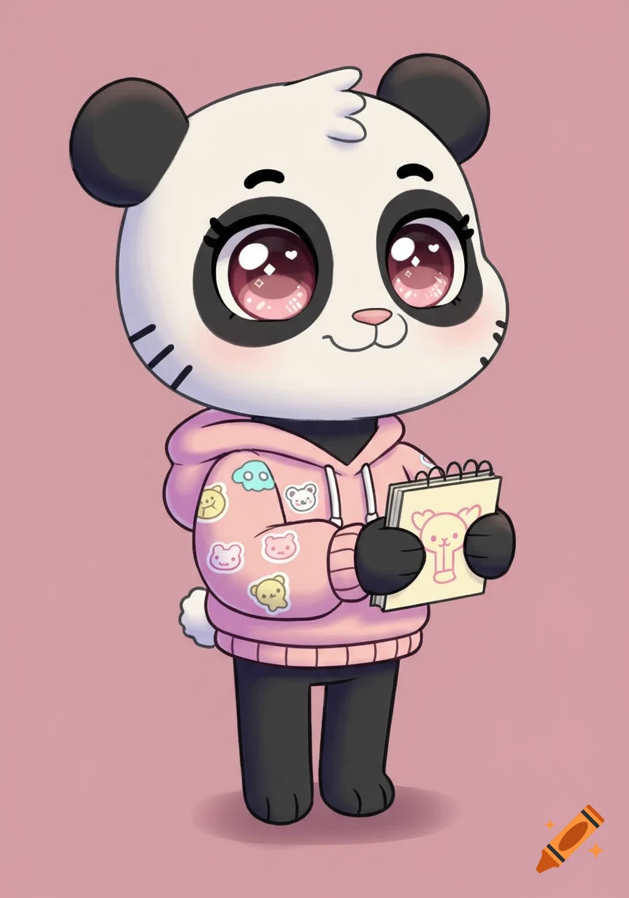 A cute cartoon panda cub in a pink hoodie holds a small sketchbook.