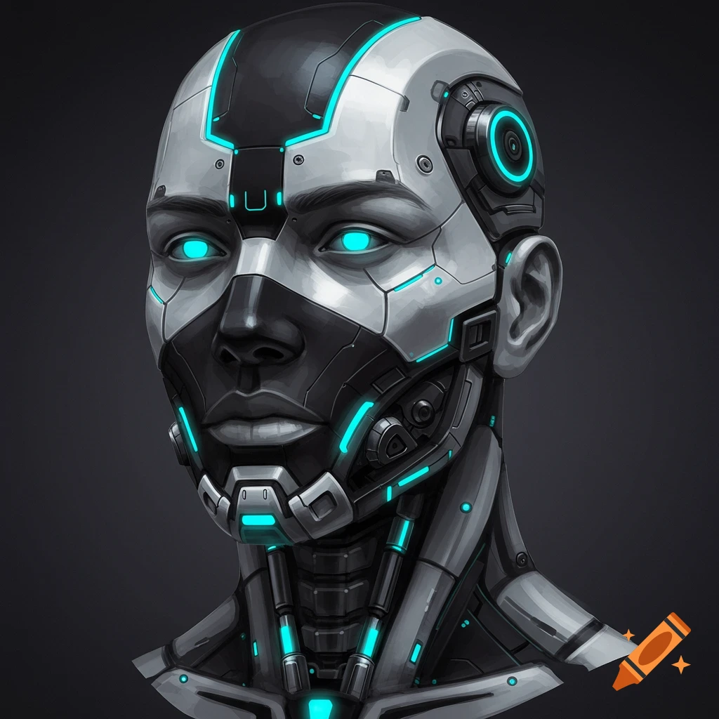Close-up bust of a male cyborg or robot head with glowing blue eyes and silver and black parts.