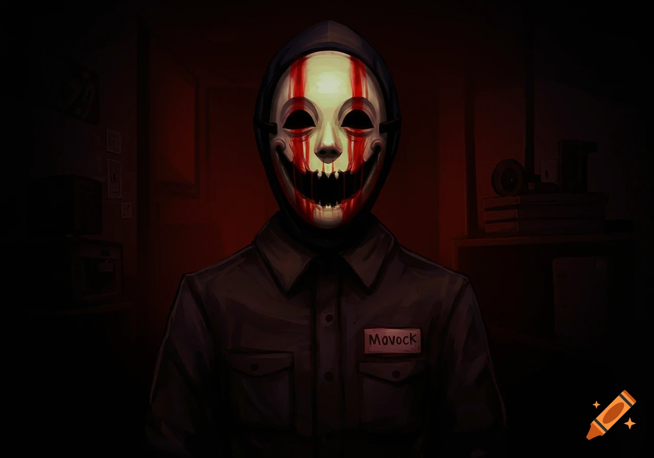 A figure in a dark room wears a creepy white mask with red streaks like blood dripping down from the eyes and jagged teeth, wearing a work shirt with a 'Movock' name tag.