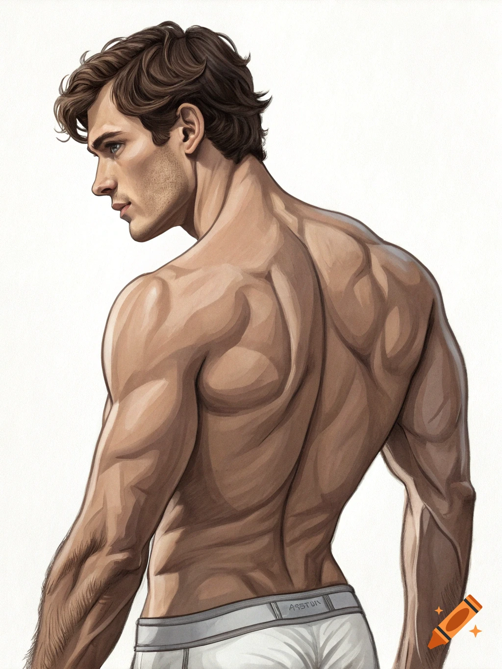 Illustration of a muscular man's back and side profile wearing white underwear against a white background.