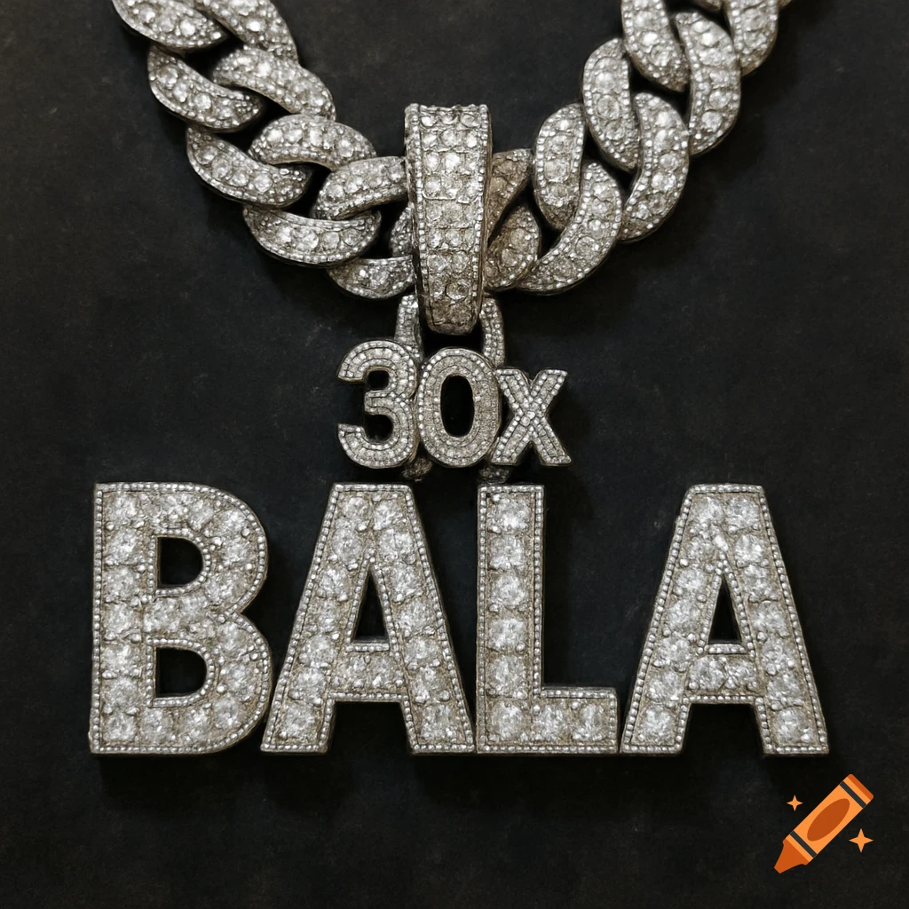 Close-up of a diamond-encrusted silver Cuban link chain with two pendants, one saying "30x" and the other saying "BALA", on a black background.