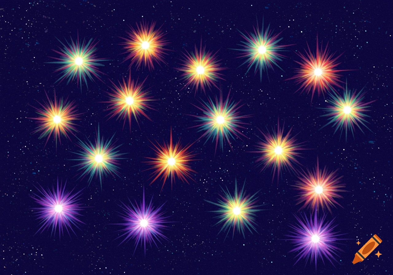 Colorful stars with bright rays against a dark starry background.