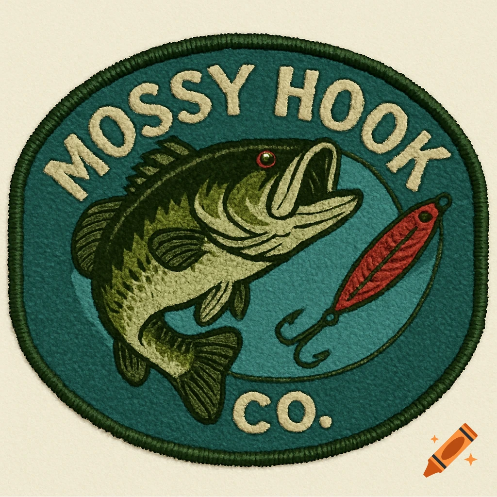 Embroidered patch logo for Mossy Hook Co. with bass, lure, and hooks.