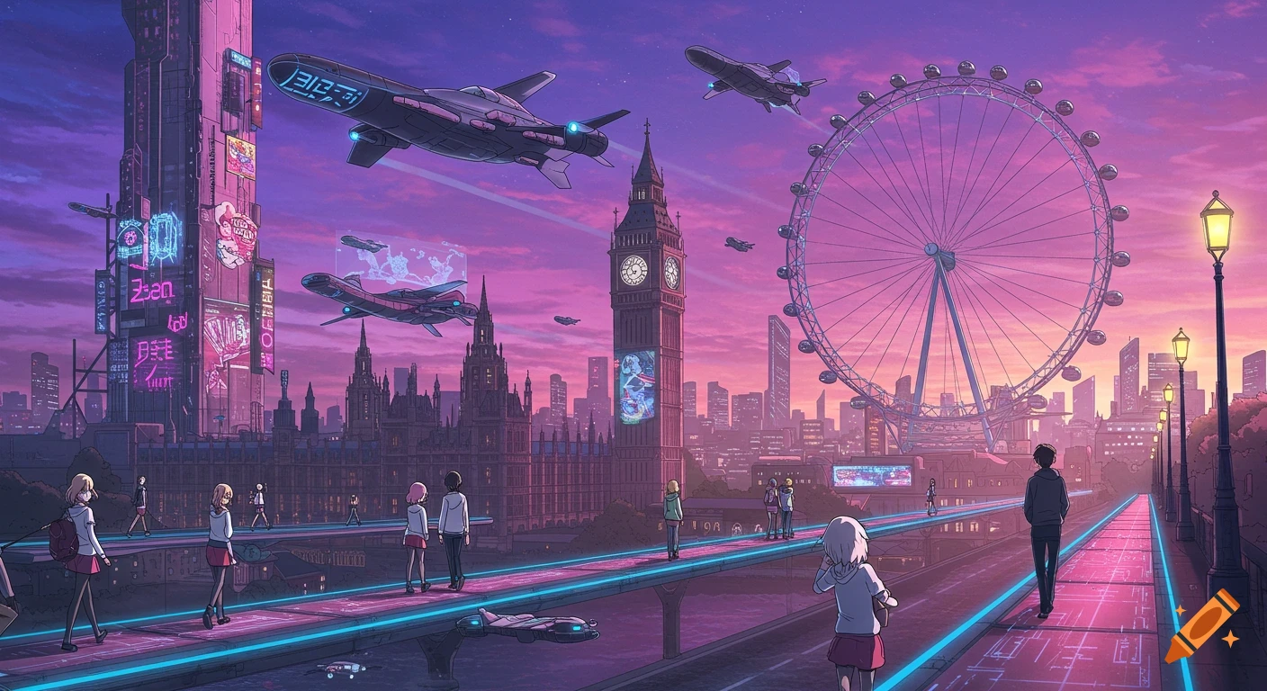 An anime-style futuristic London cityscape under a pink sky with flying vehicles, Big Ben, the London Eye, and people on glowing pathways.