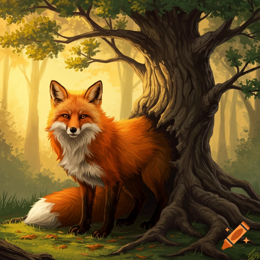 An orange fox sits beside a large gnarled tree in a sunlit forest. Illustration style.