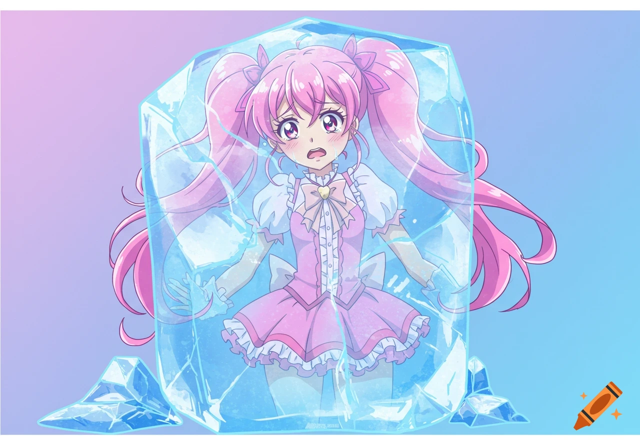 2D drawing of an anime girl with pink hair and pigtails frozen inside a block of ice.