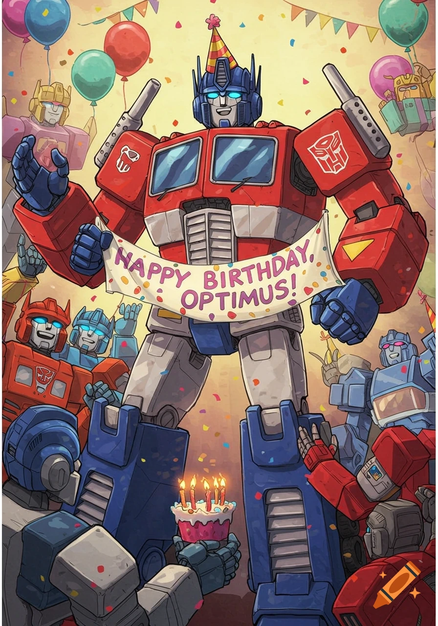 Optimus Prime holds a 'Happy Birthday' banner, celebrating with other Transformers among balloons and confetti in a cartoon style illustration.