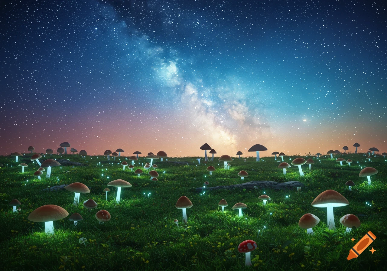 Field of glowing mushrooms under a starry night sky with the Milky Way ...