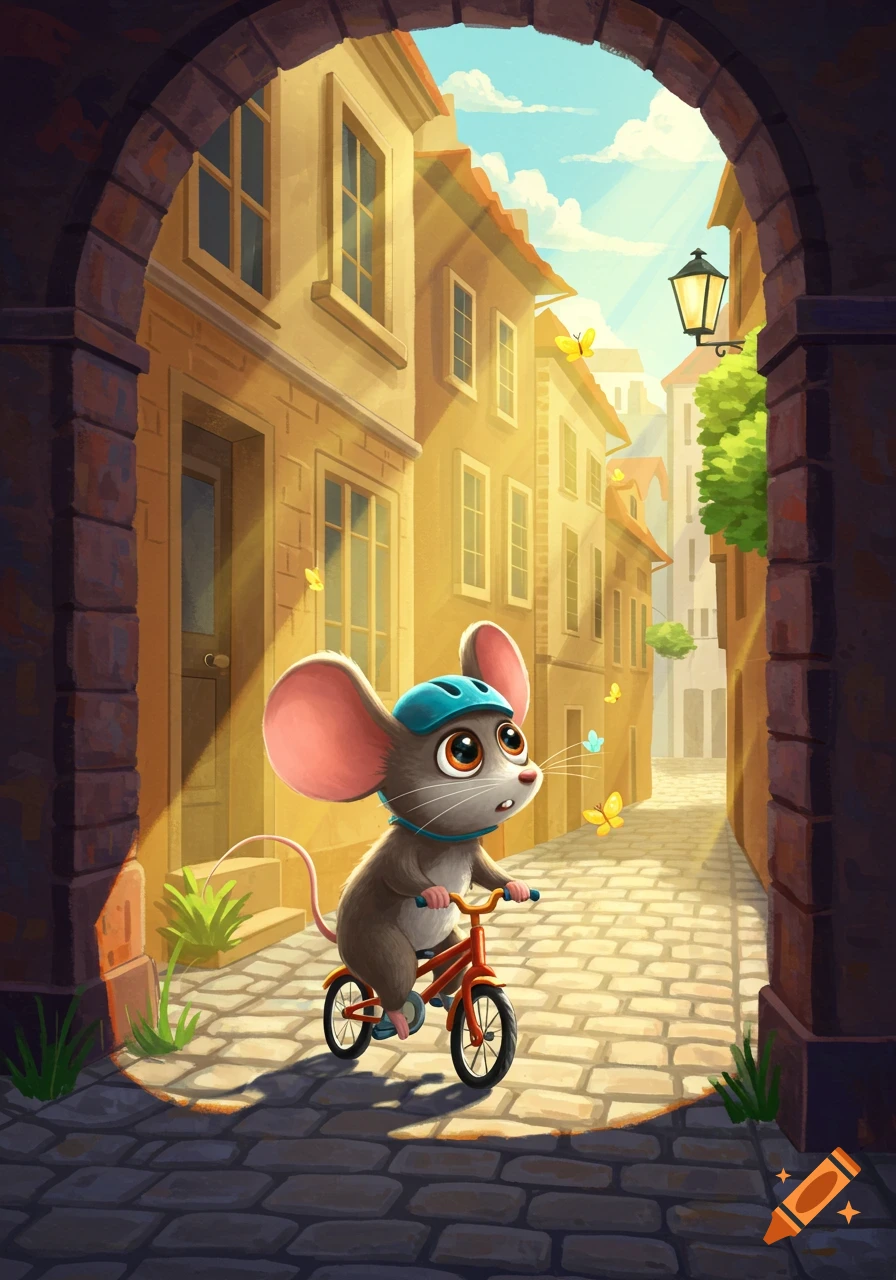 Cartoon mouse wearing a blue helmet rides a red bicycle down a sunny cobblestone street lined with buildings, with butterflies flying around.