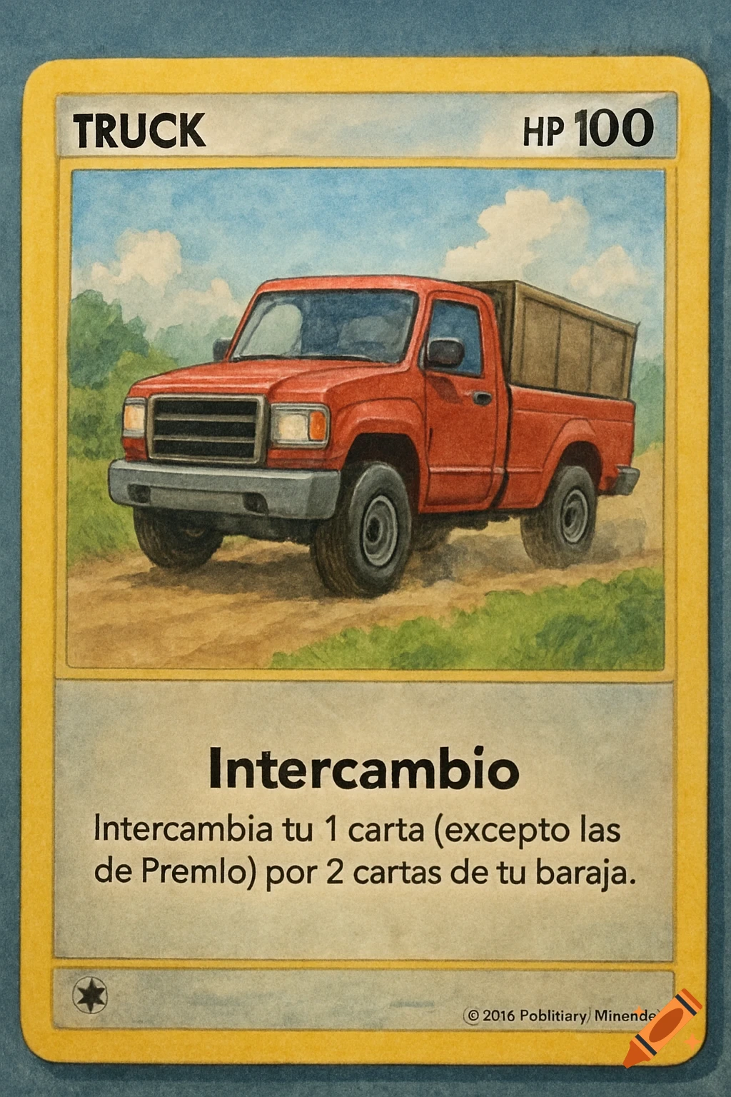 A trading card featuring a red pickup truck.