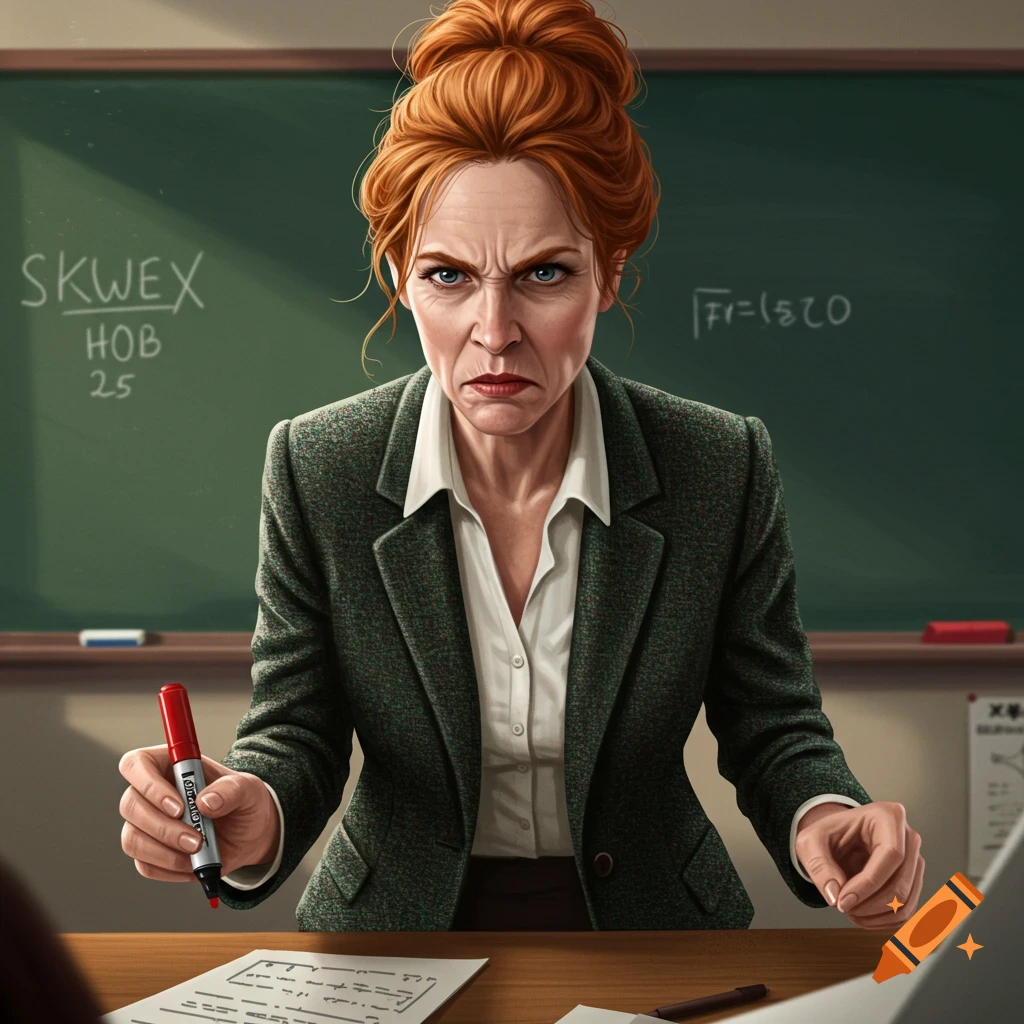Angry female teacher in a classroom holding a marker.