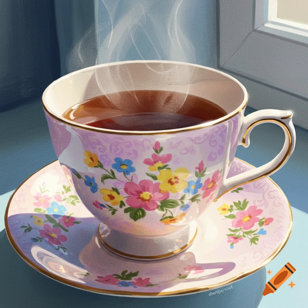 A floral patterned teacup and saucer filled with hot tea, with steam rising, sits by a sunlit window.
