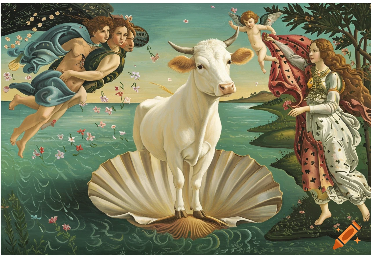 A cow stands on a seashell in the sea, surrounded by figures and flowers, in the style of Botticelli's Birth of Venus.