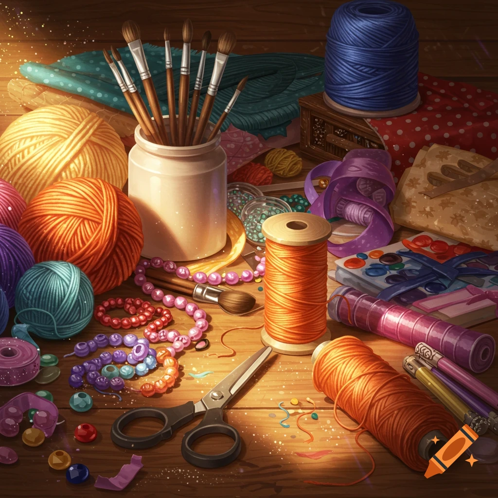 A close-up view of colorful craft supplies including yarn, beads, brushes, thread, scissors, and fabric on a wooden table.
