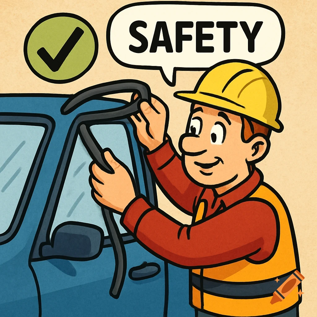 Cartoon of a worker fixing car door weatherstripping, with a speech bubble saying 'SAFETY' and a checkmark.