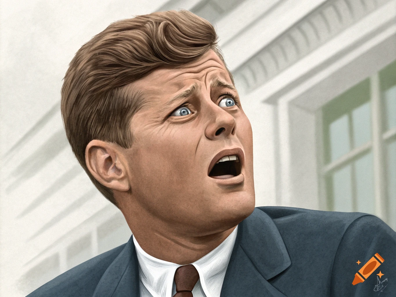 Close-up illustration of John F. Kennedy with a shocked expression.
