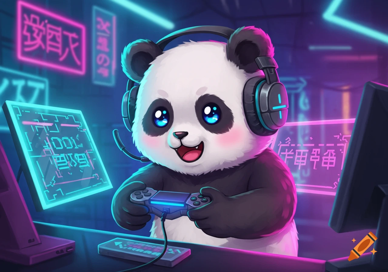 Cute anime panda gamer playing a video game in a neon-lit room.