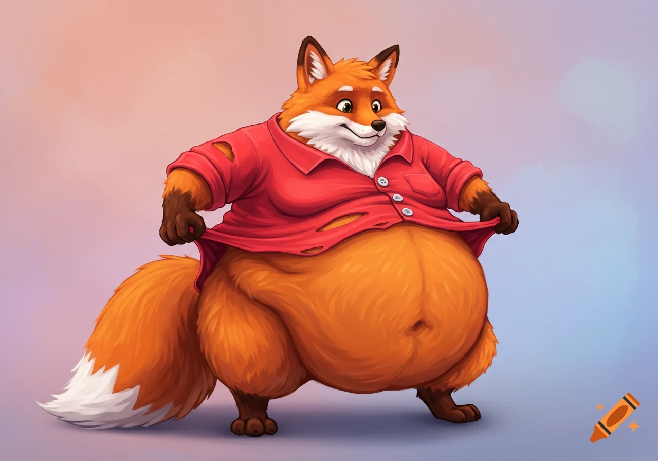 A cartoonish, overweight fox in a torn red shirt pulls at the fabric over his belly.