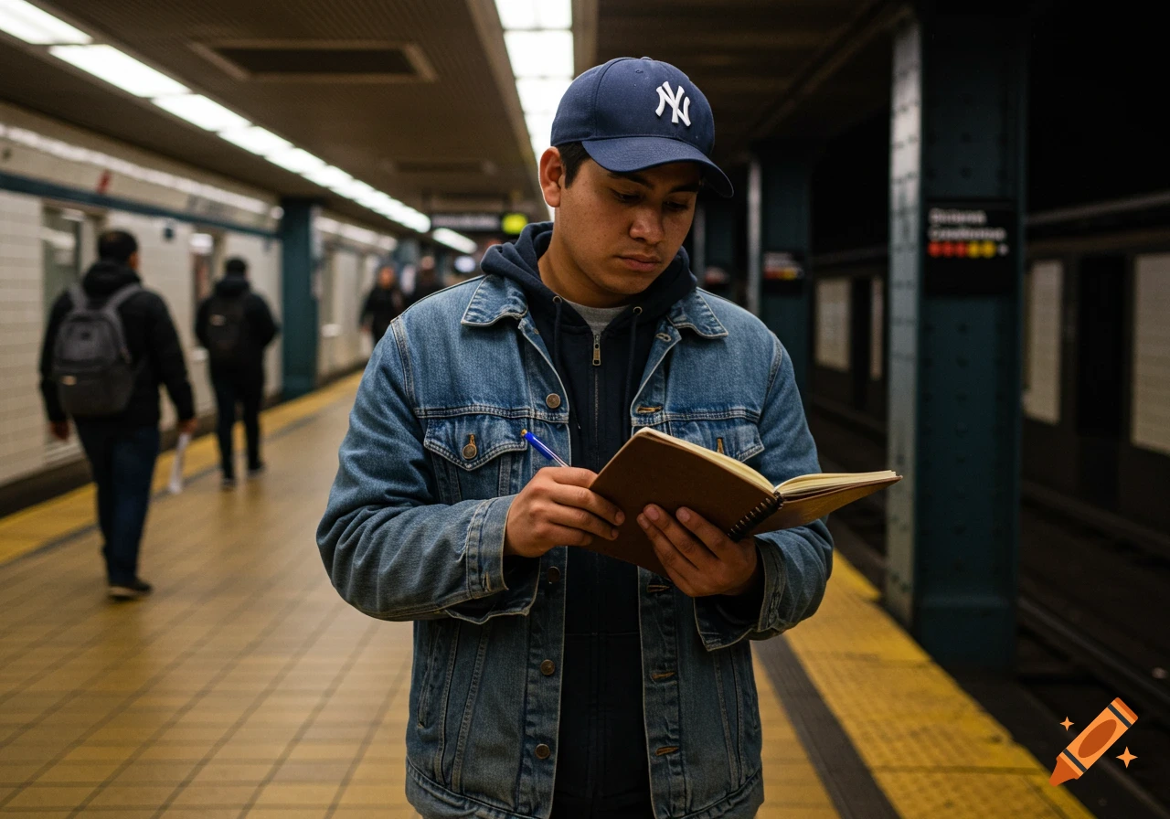 Man in denim jacket and baseball cap writes in a notebook in a subway station.