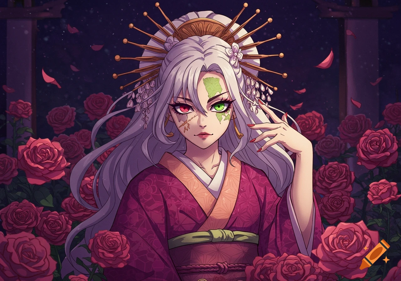 Anime portrait of a woman in kimono with mismatched eyes and facial markings among red roses at night.