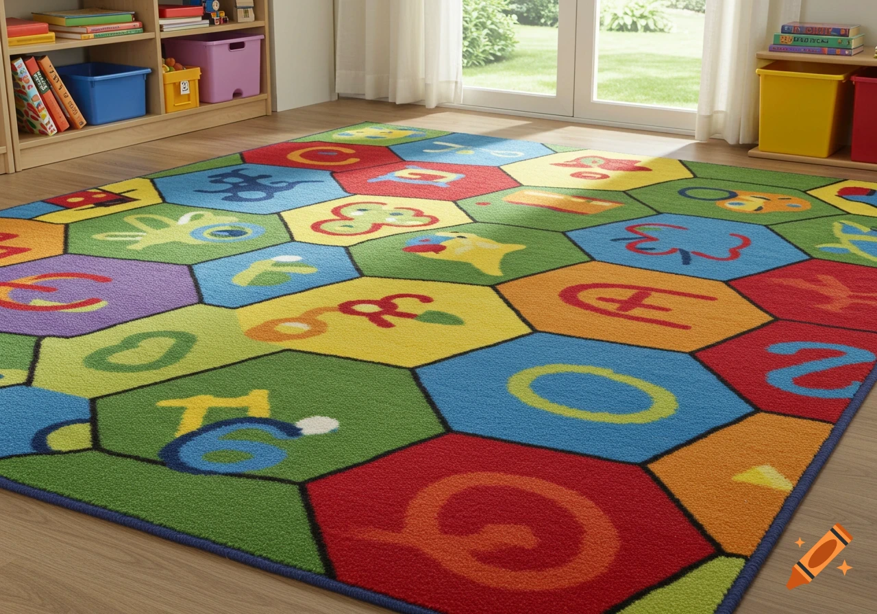 A colorful hexagonal rug with letters and numbers on a classroom floor ...