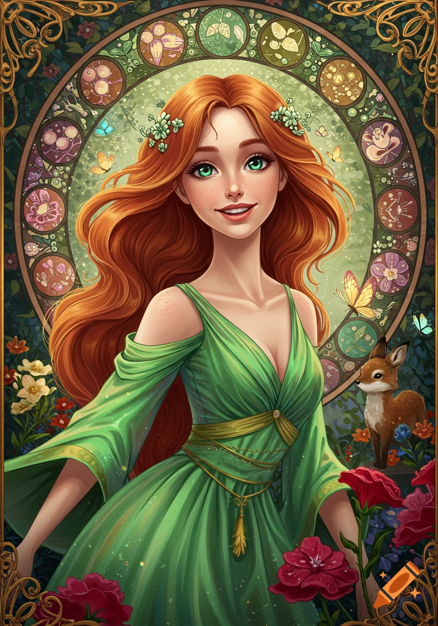 Art Nouveau fantasy portrait of red-haired woman in green dress with flowers, butterflies, and a fox.