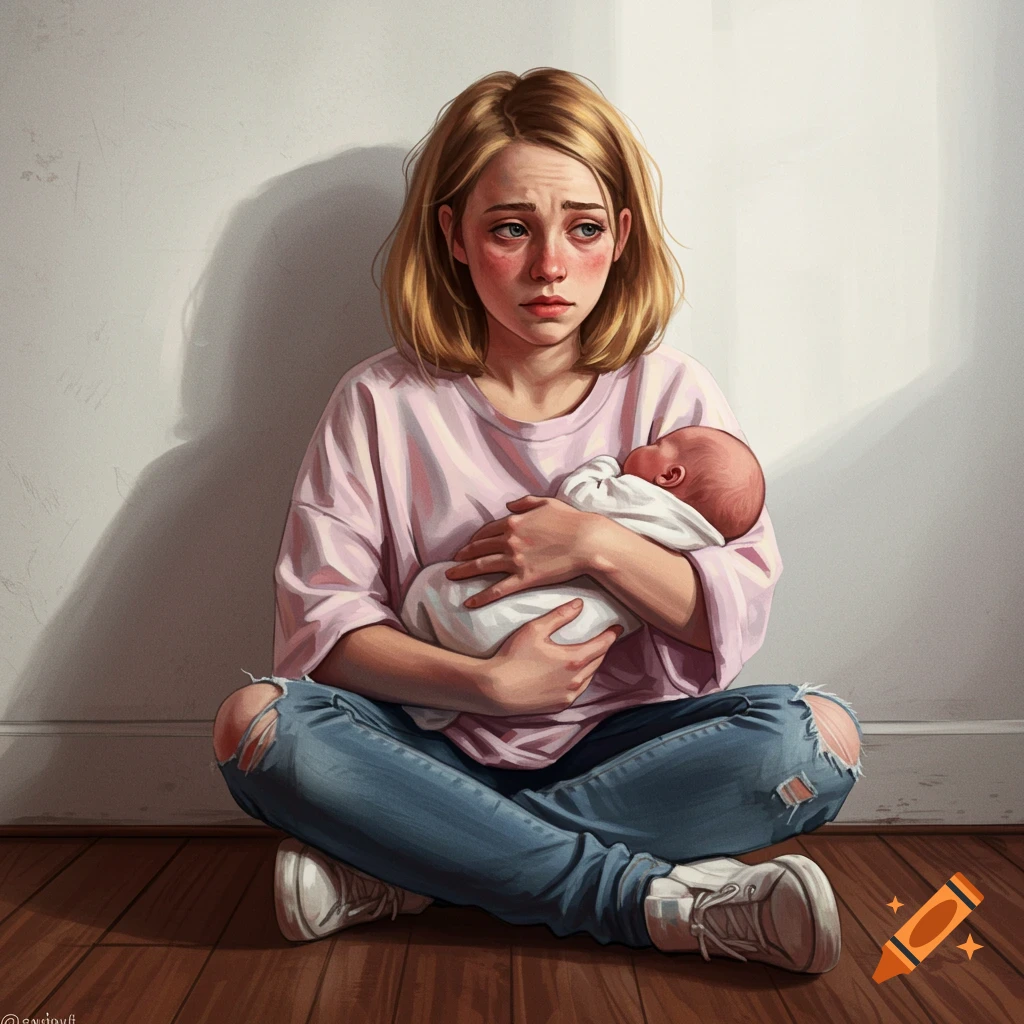 An illustration of a sad young woman holding a swaddled baby while sitting on the floor.
