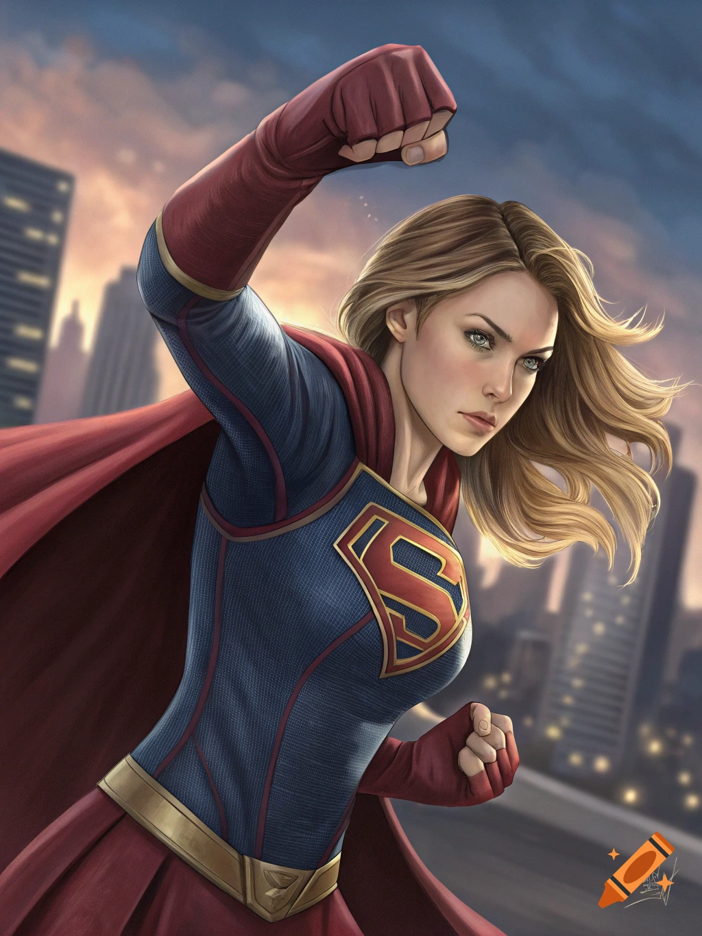 Supergirl (Melissa Benoist) in costume, raising fist to punch, city skyline background, realistic illustration.