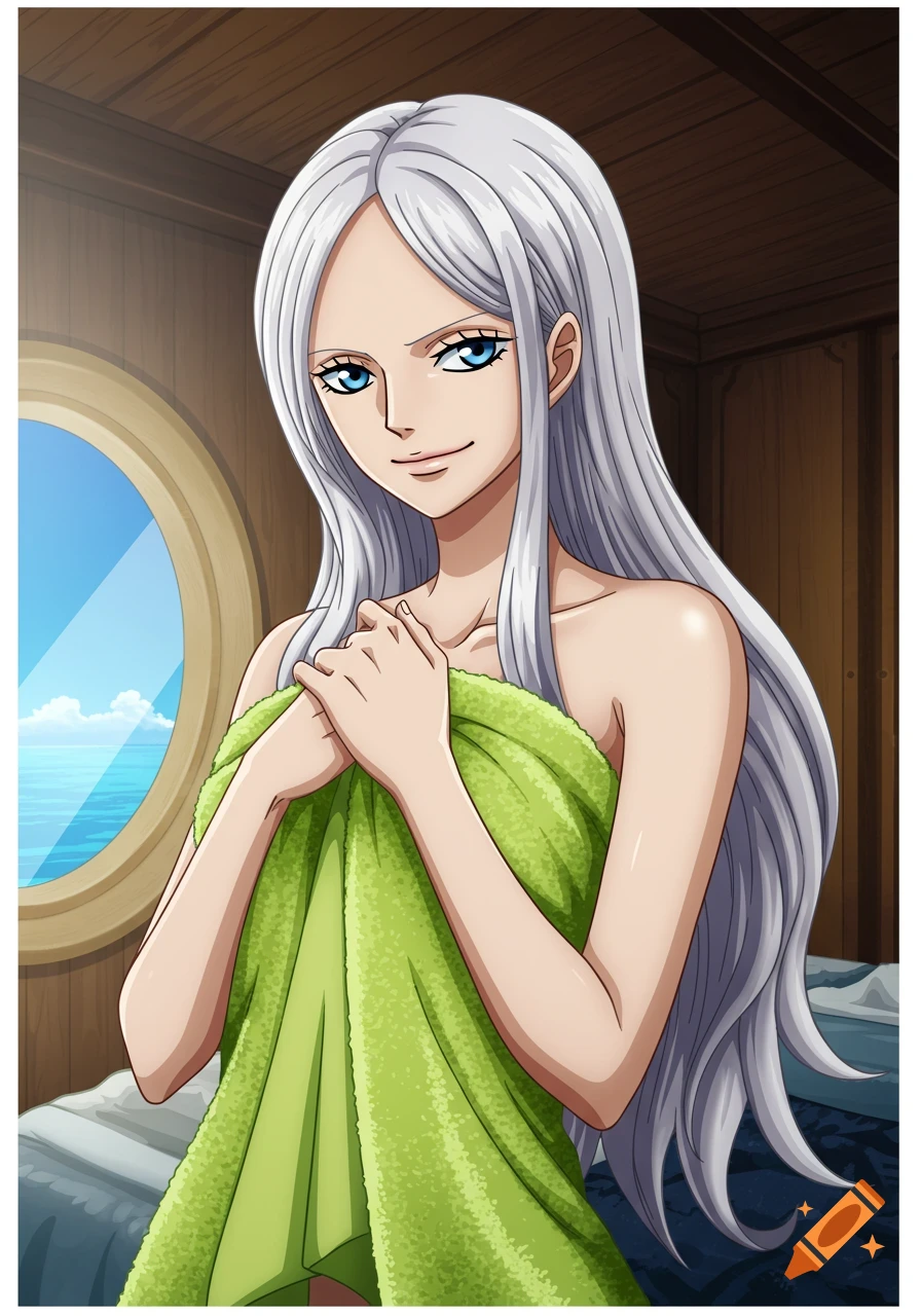 Anime woman with long white hair wrapped in a green towel
