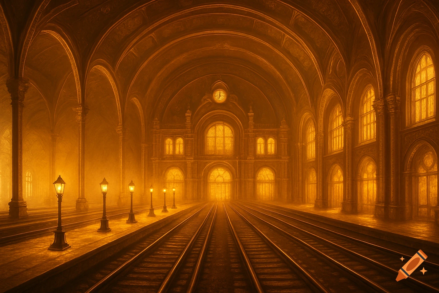 A magical, glowing fantasy-style train station interior bathed in warm golden light, showing tracks and platforms.