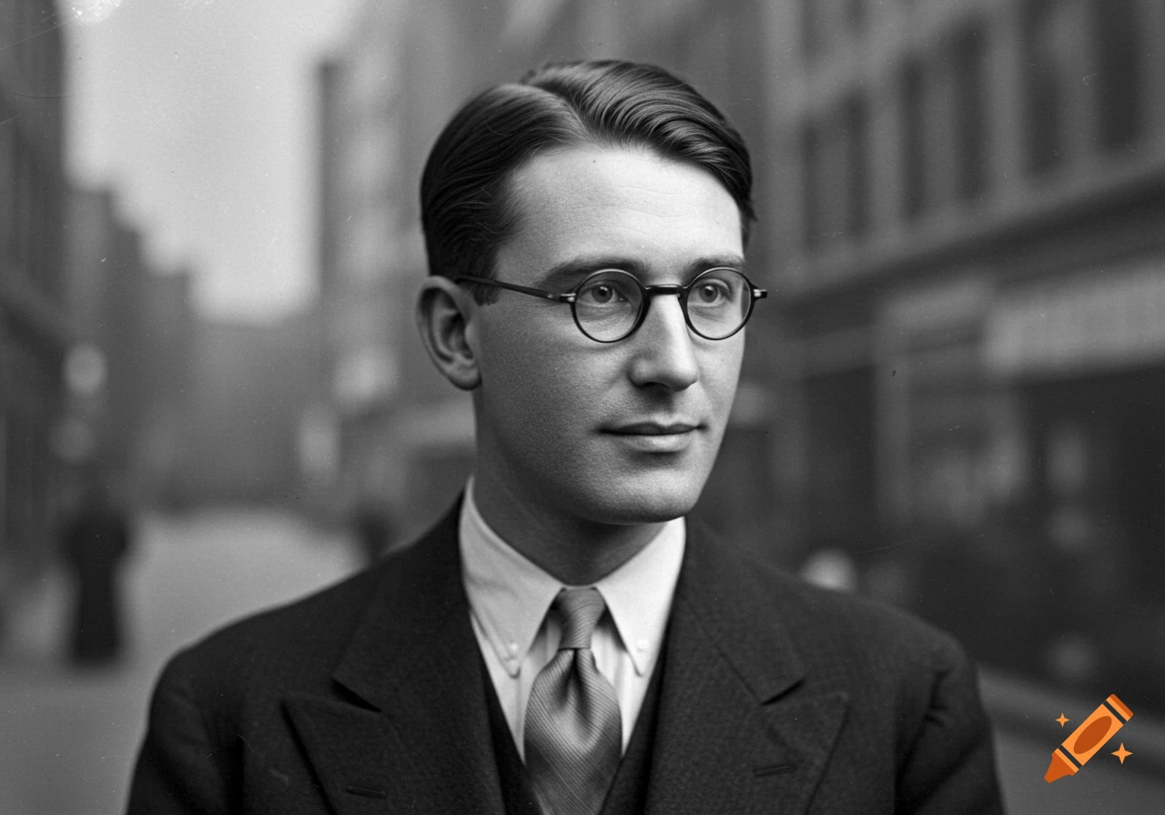 Black and white portrait of a man in a suit and round glasses, styled as a 1920s photograph.