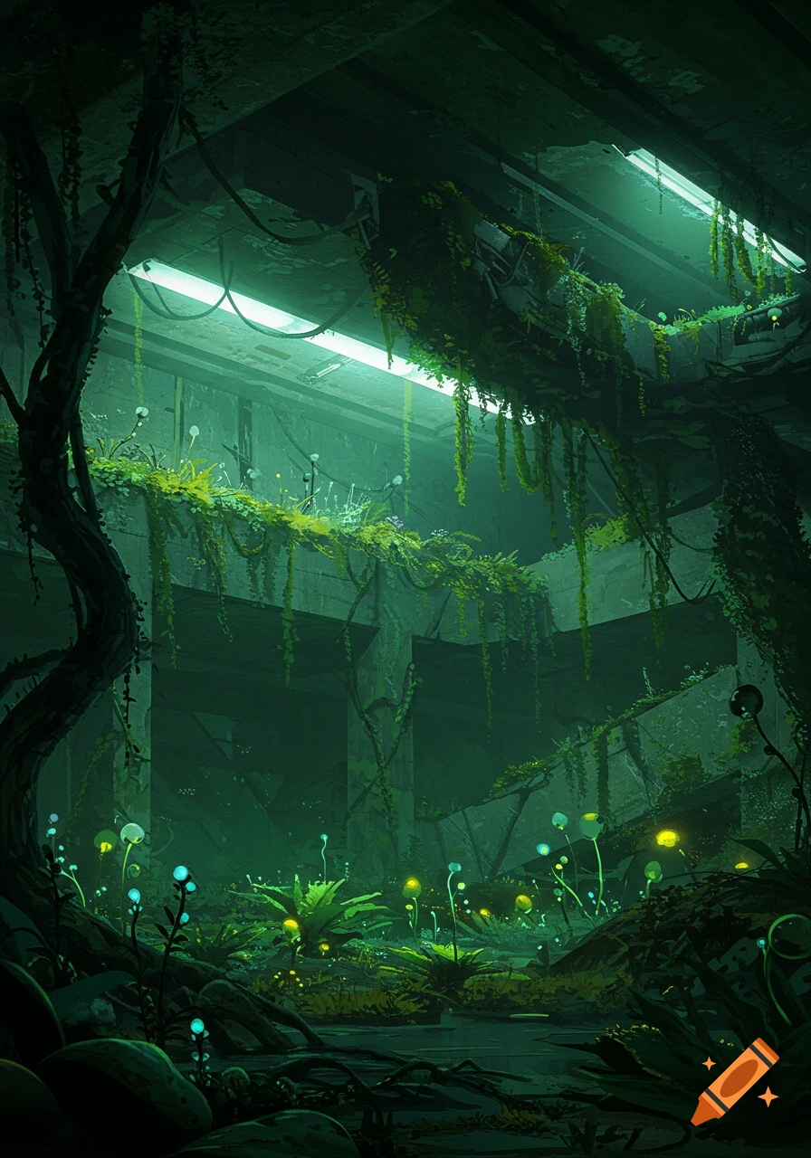Overgrown underground structure with glowing plants and green light creating an eerie dystopian atmosphere.