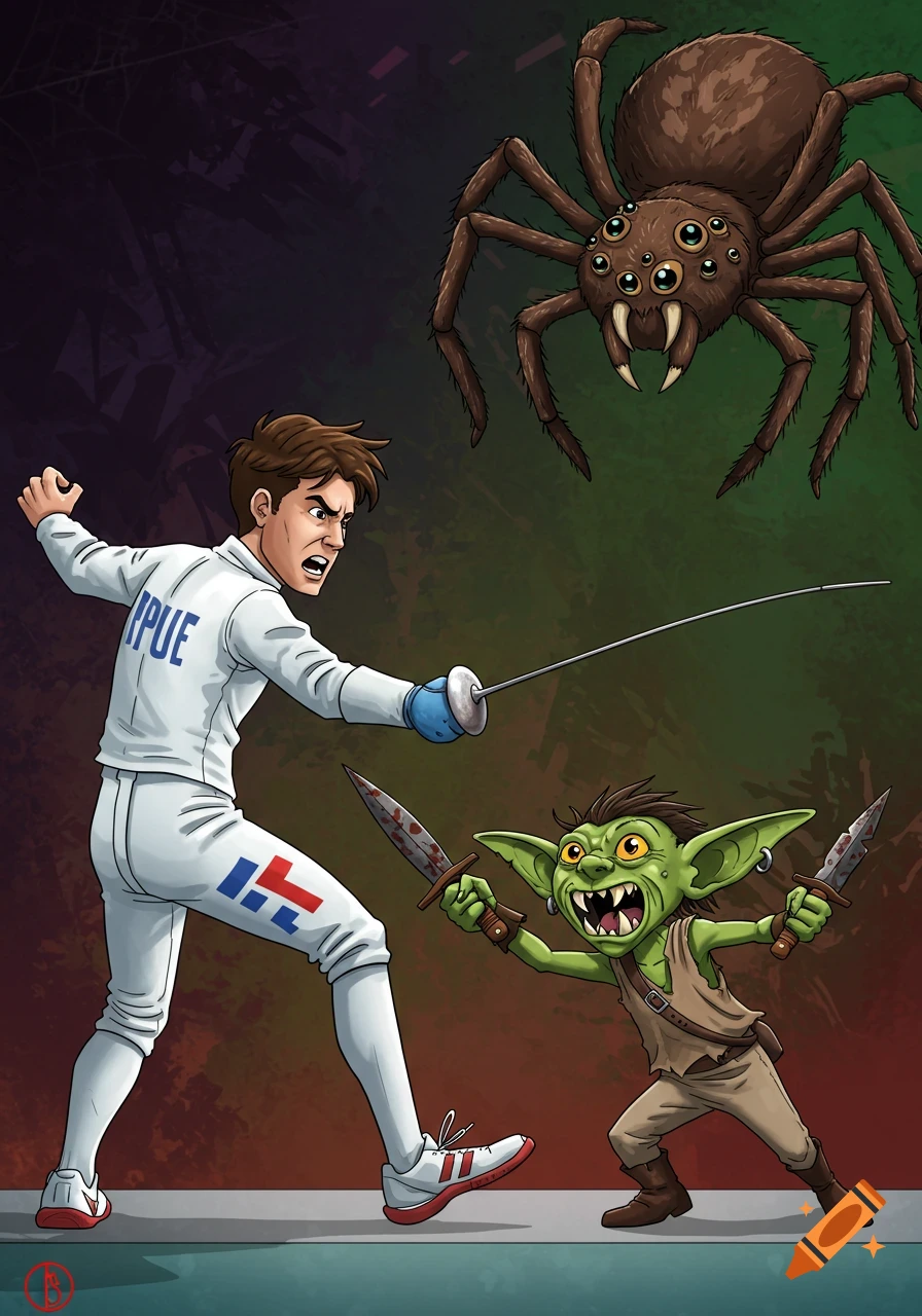 Cartoon fencer fighting a goblin and large spider