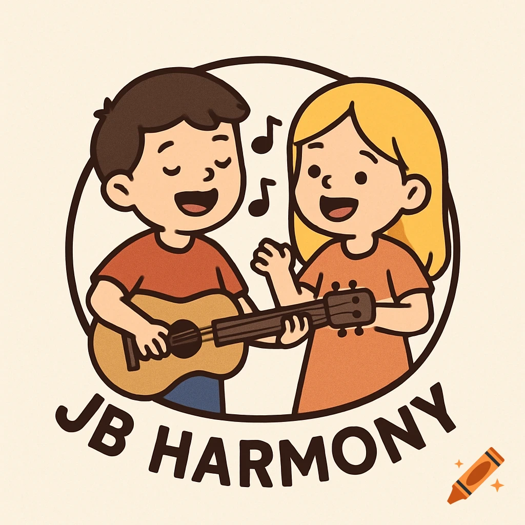 Cartoon logo of two kids playing guitar and singing, with musical notes and the text JB HARMONY.