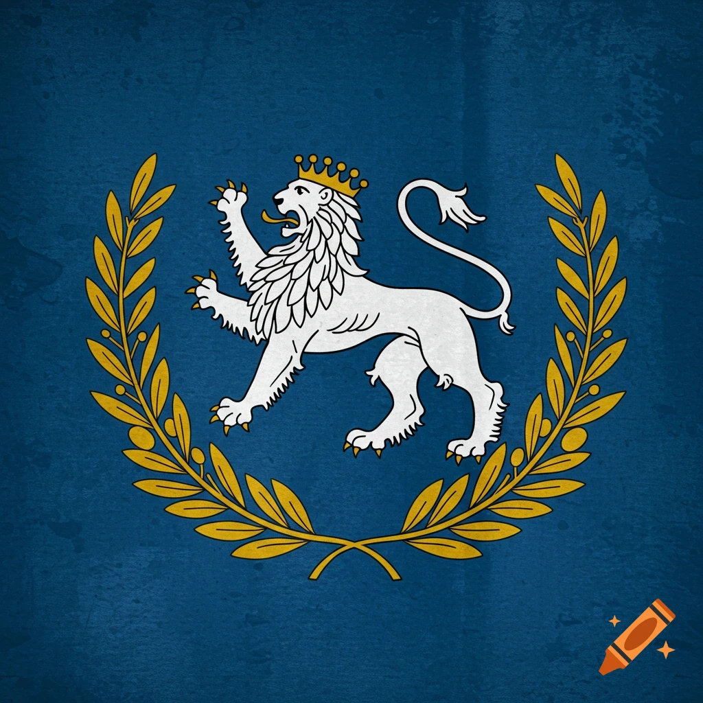 Heraldic symbol of a crowned white lion within a golden wreath on a blue background.