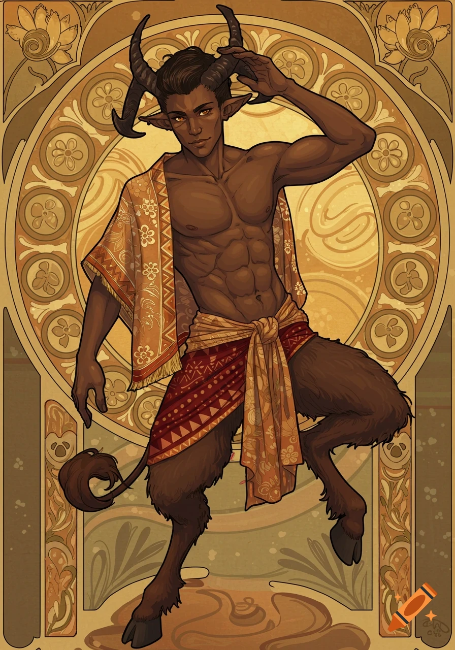 Art Nouveau illustration of a satyr with horns and hooves, wearing draped fabric, against a decorative background.