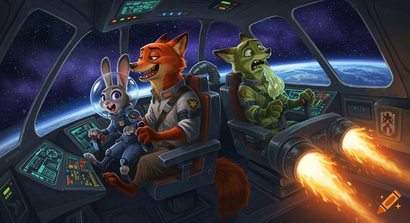 Anthropomorphic rabbit, fox, and green creature in a spaceship cockpit flying through space. Illustrated style.