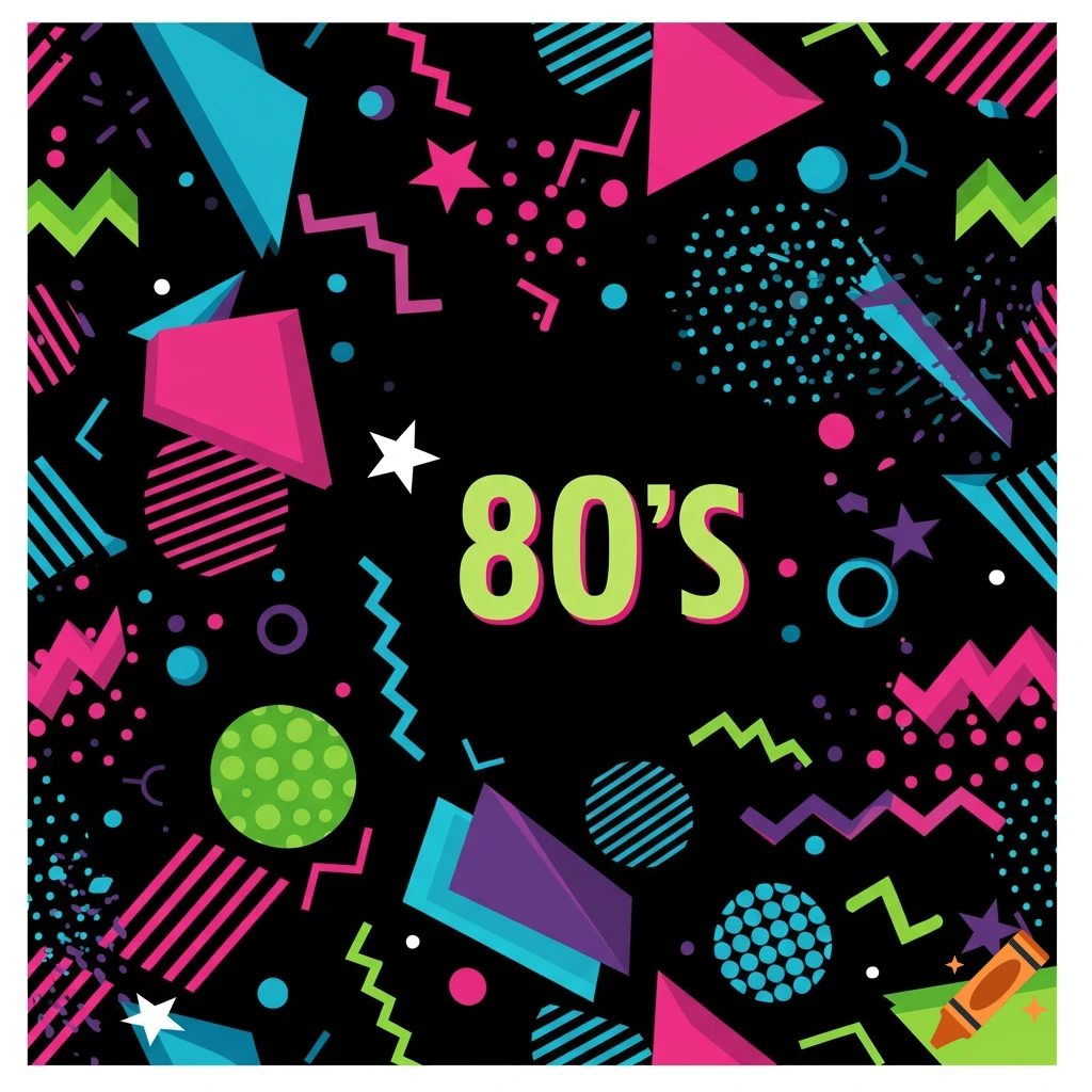 80s style abstract pattern with colorful geometric shapes, lines, dots, and the text '80'S' on a black background.