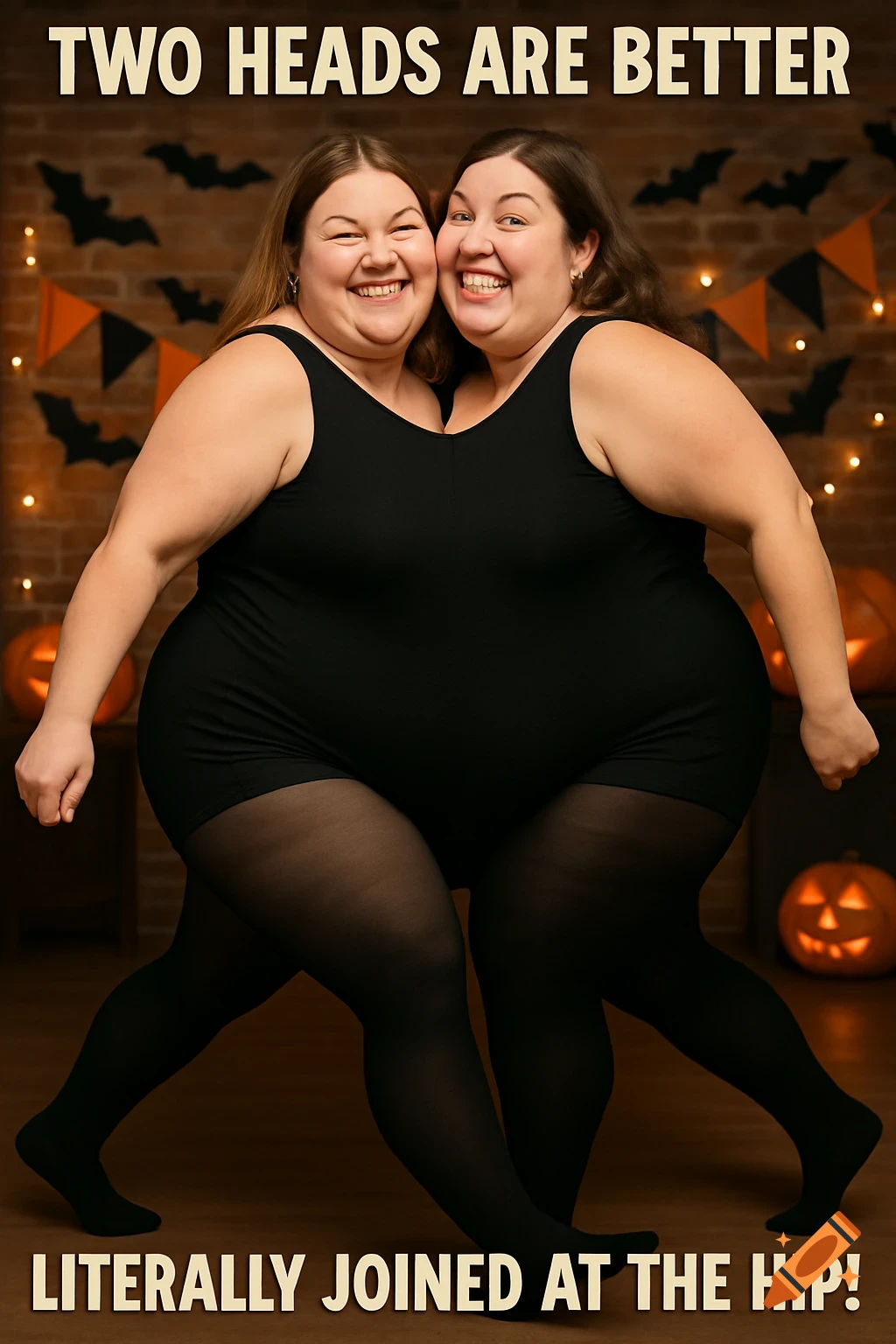 Two women joined at the hip create a two-headed illusion in a Halloween setting with pumpkins and bats.