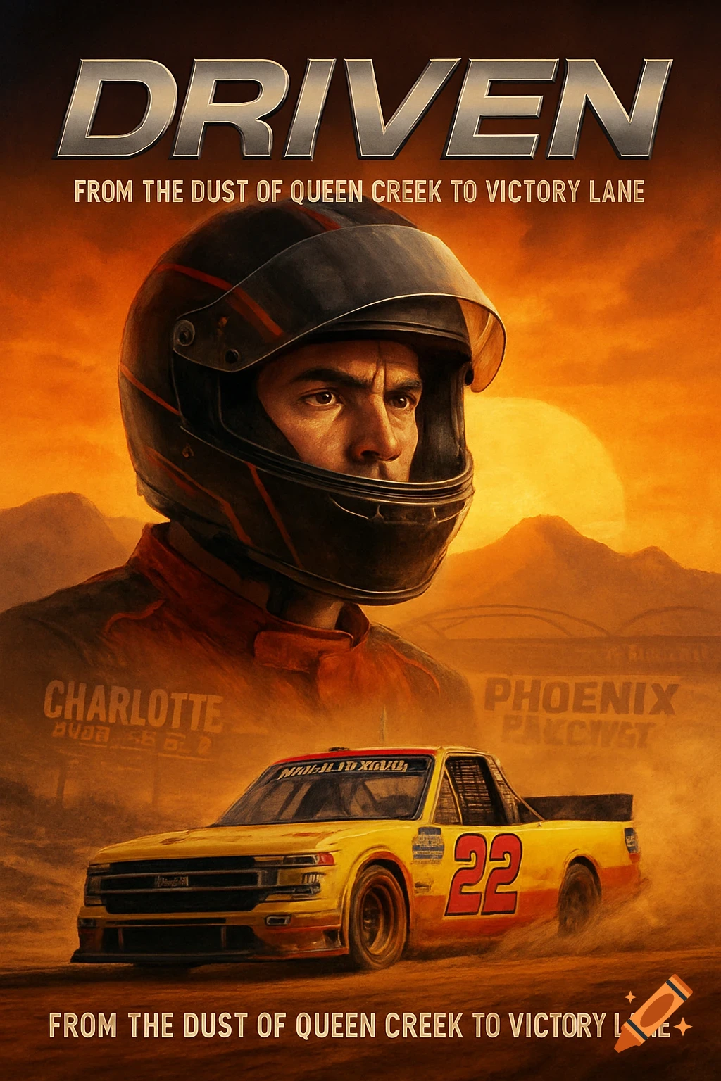 Movie poster for 'Driven' featuring a race car driver in a helmet and a yellow #22 truck kicking up dust in a desert landscape at sunset.