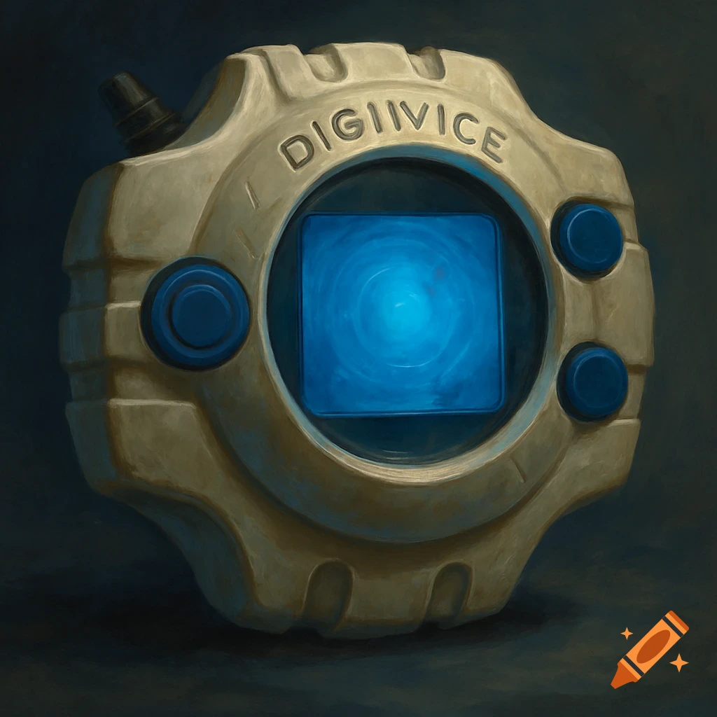 Illustration of a beige Digivice device with a glowing blue screen and blue buttons.