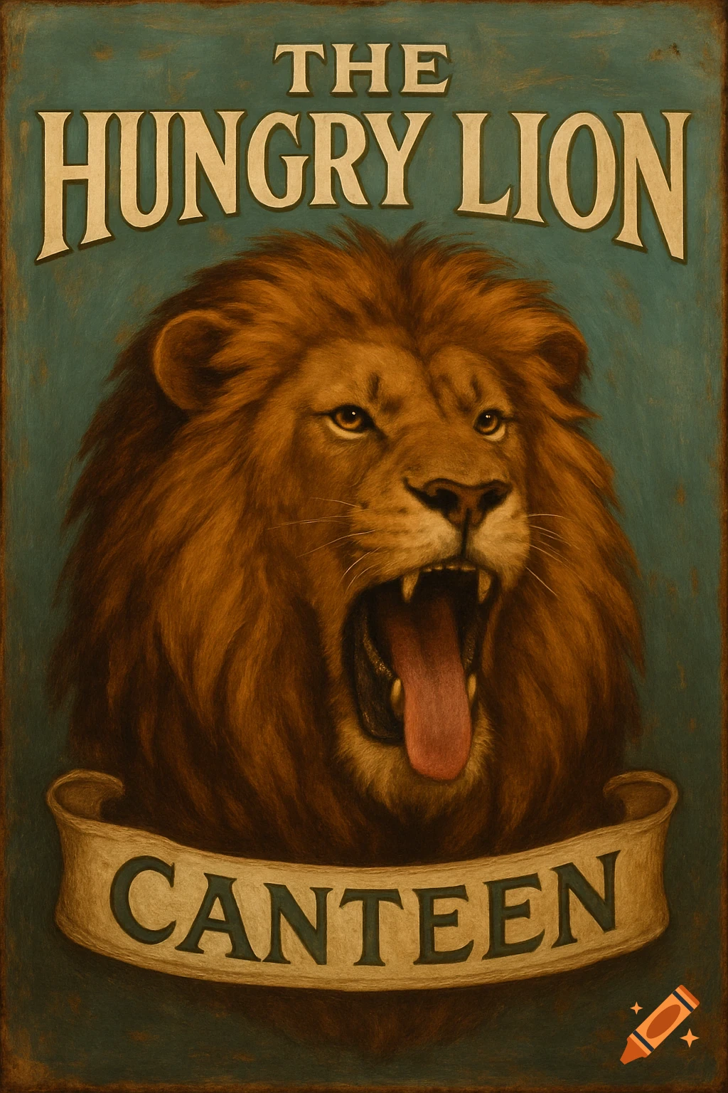 Vintage-style painting of a sign for 'The Hungry Lion Canteen' featuring a roaring lion.