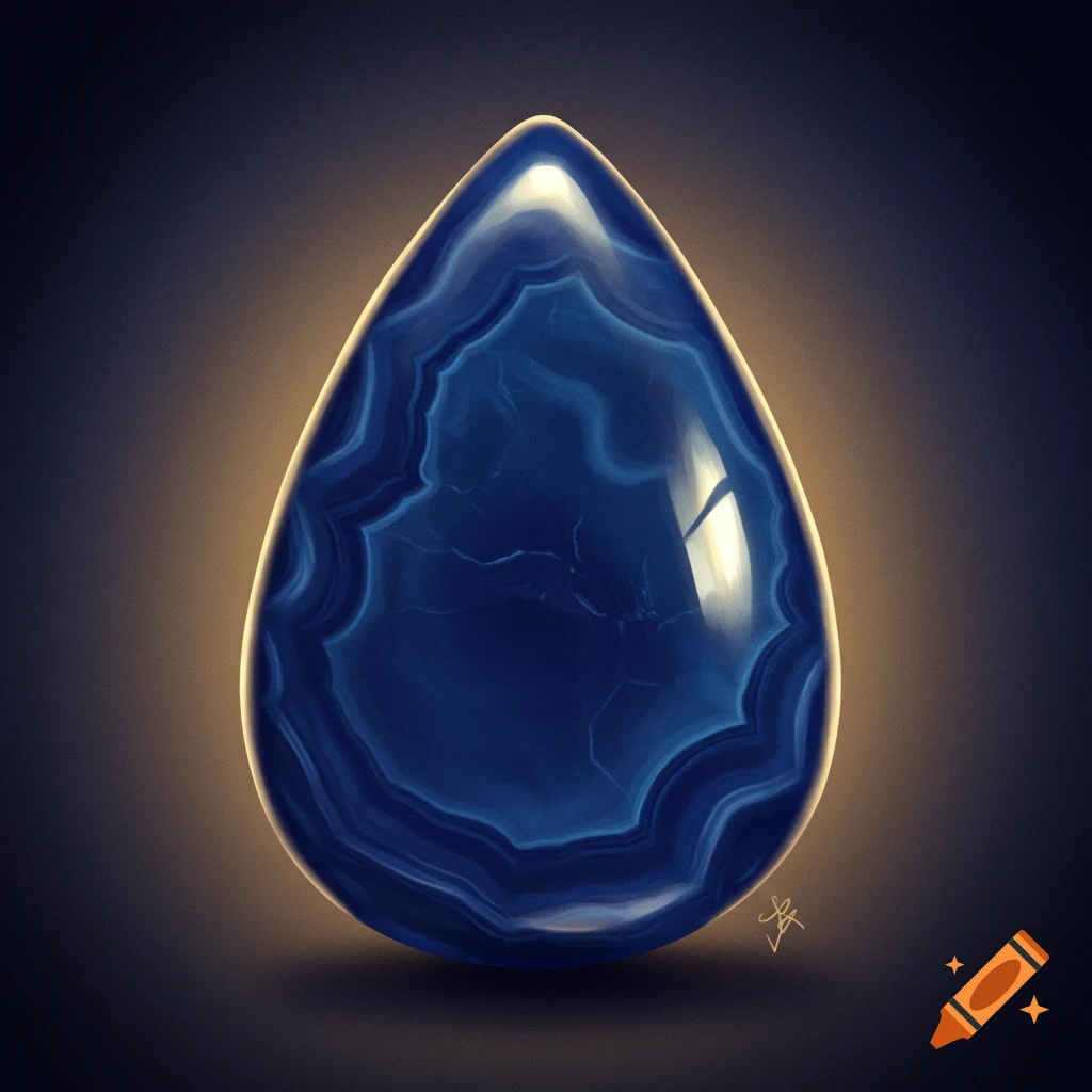 A close-up illustration of a polished, glowing blue teardrop-shaped agate stone with white layers.
