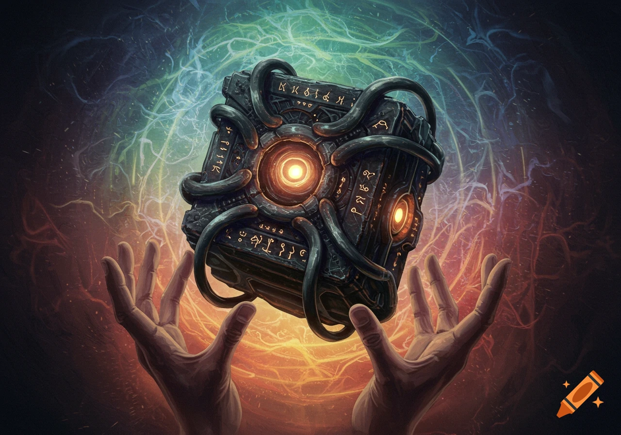 Hands hold a glowing, rune-covered magical cube radiating colorful energy.