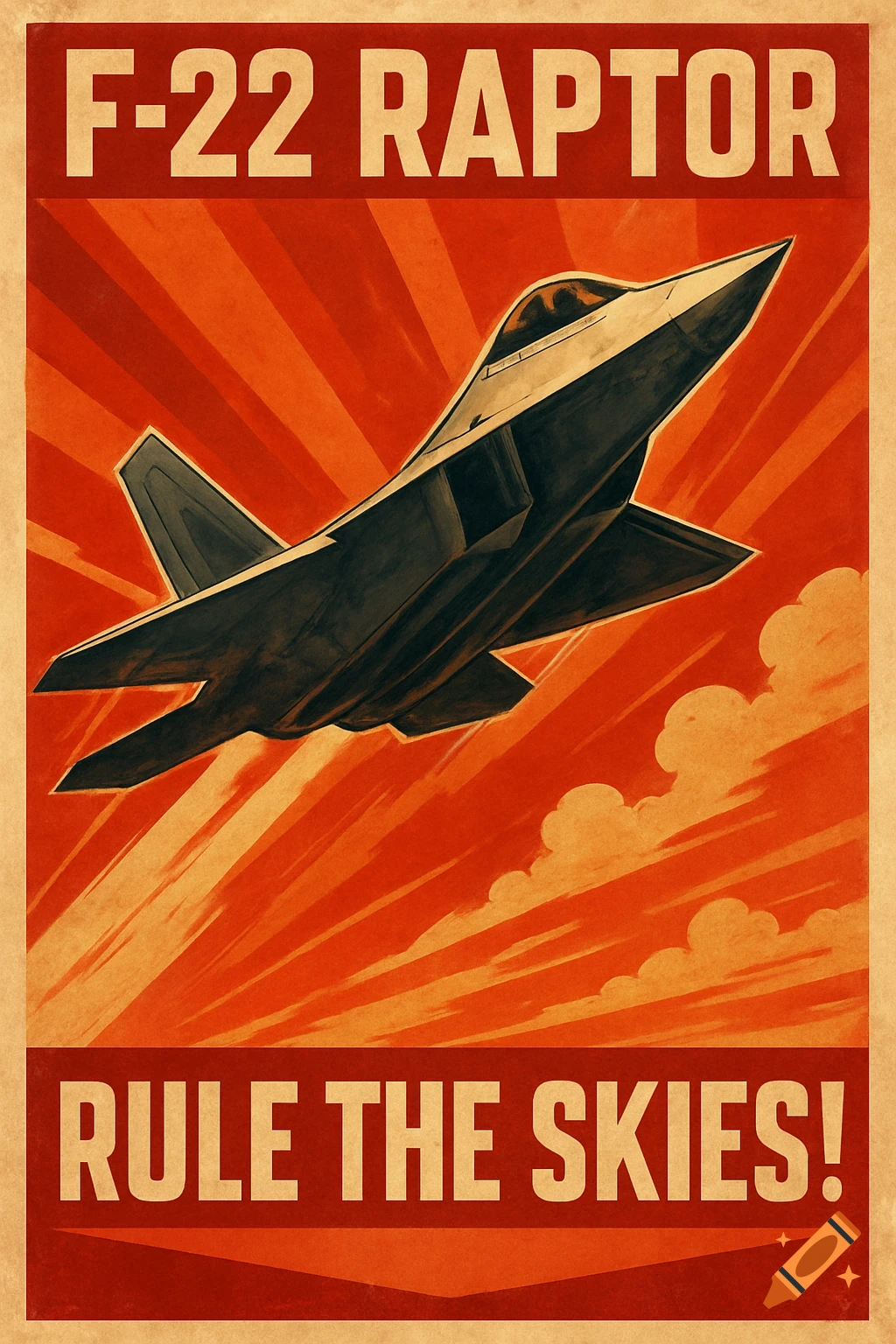 Propaganda poster for F-22 Raptor jet with text 'F-22 RAPTOR' and 'RULE THE SKIES!'