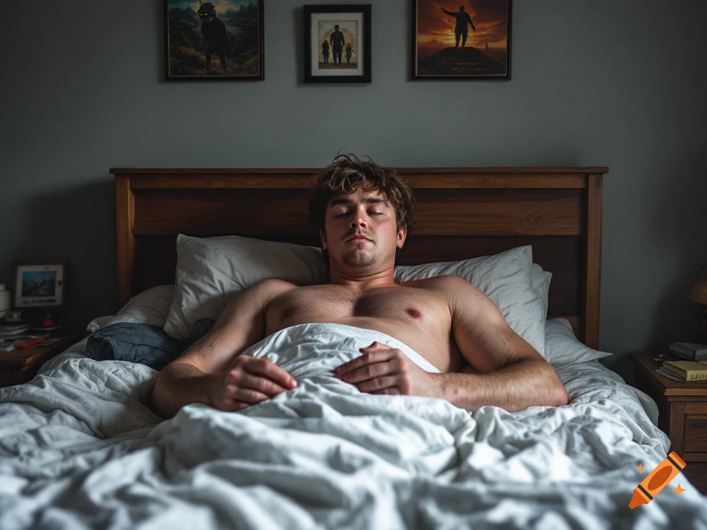 A man with his eyes closed lies shirtless in a bed, covered by white sheets.